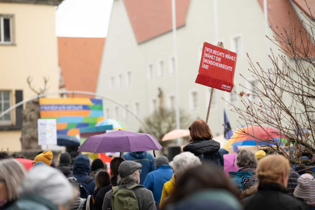 Hersbrucker beim Protest gegen Rechtsruck. Ein Plakat mit der Aufschrift "Wer rechts wählt, wählt die Menschenrechte ab" ist zu sehen, im Hintergrund der Hirschbrunnen.
